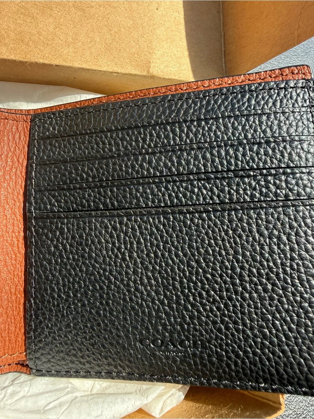 New Coach Black Pebbled Leather Bi-Fold Card & Key with Embossed Logo Wallet